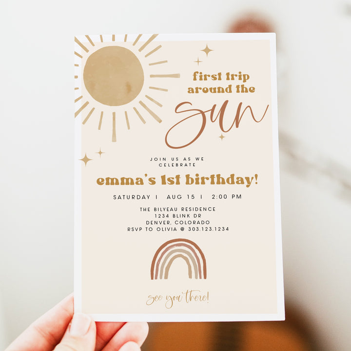 BODHI First Trip Around the Sun Boho Sunshine & Rainbow First Birthday Party Invitation
