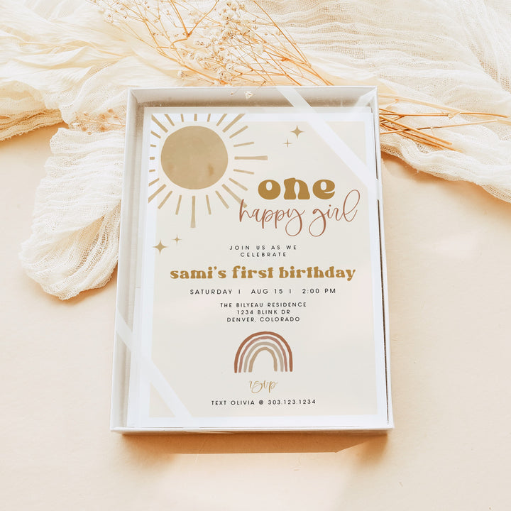 BODHI One Happy Girl Boho Sunshine & Rainbows First Birthday Party Invitation