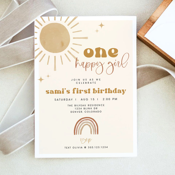 BODHI One Happy Girl Boho Sunshine & Rainbows First Birthday Party Invitation