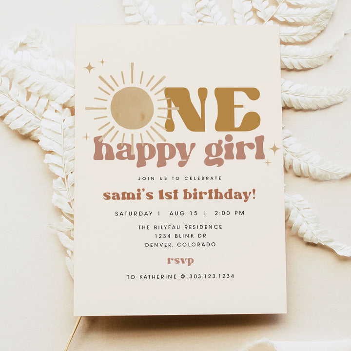 BODHI One Happy Girl Retro Boho Baby Girl First Birthday Party Invitation