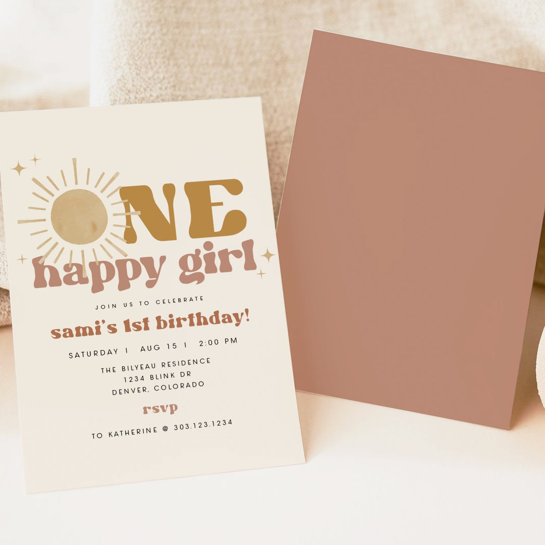 BODHI One Happy Girl Retro Boho Baby Girl First Birthday Party Invitation