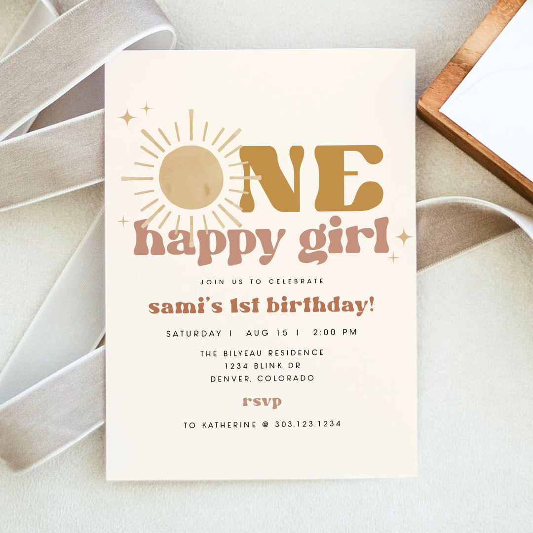 BODHI One Happy Girl Retro Boho Baby Girl First Birthday Party Invitation