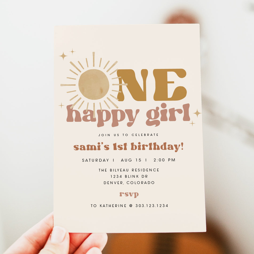 BODHI One Happy Girl Retro Boho Baby Girl First Birthday Party Invitation