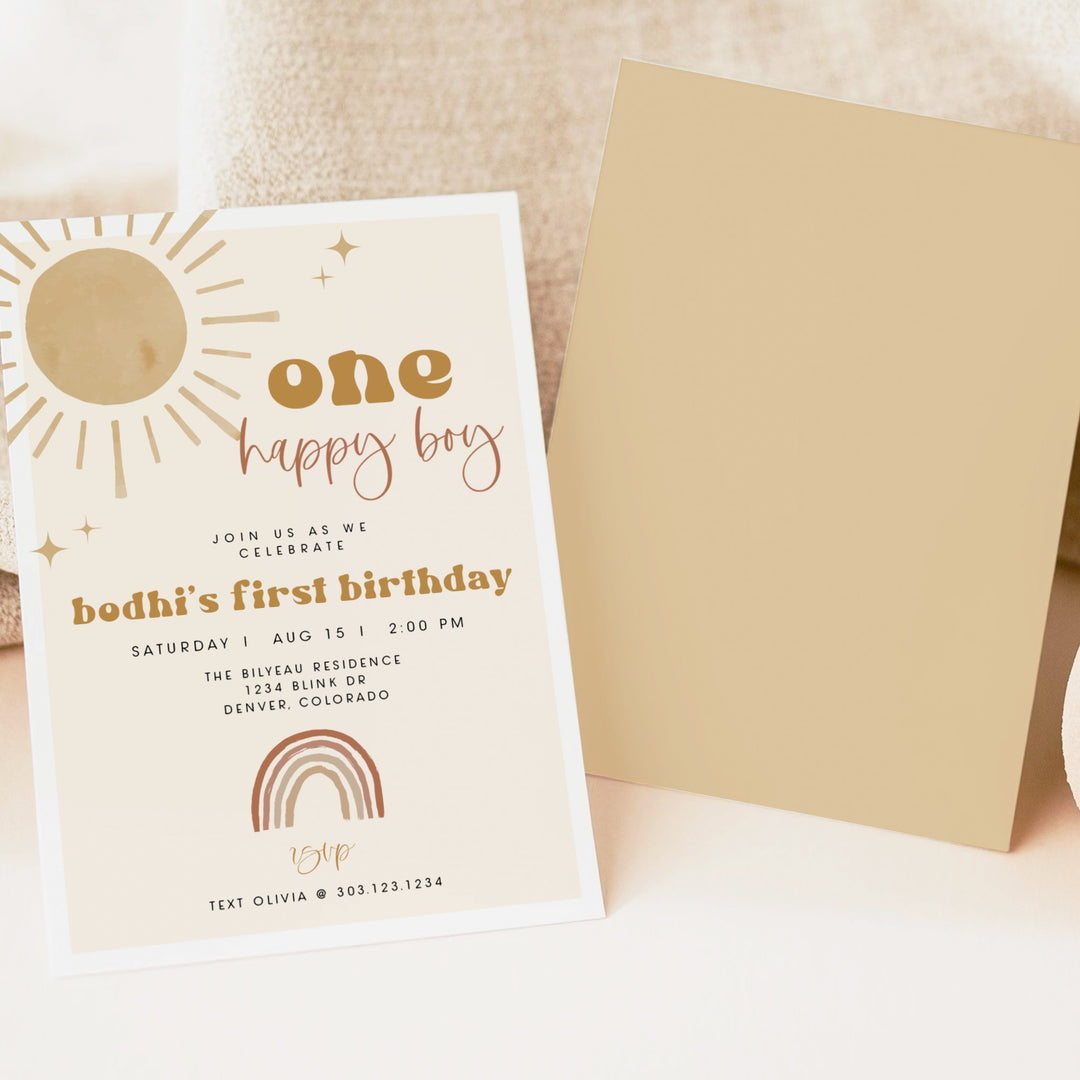 BODHI One Happy Boy Retro Boho Baby Girl First Birthday Party Invitation