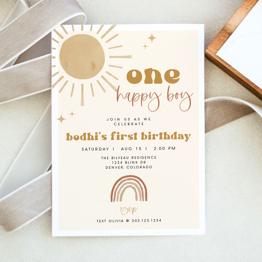 BODHI One Happy Boy Retro Boho Baby Girl First Birthday Party Invitation