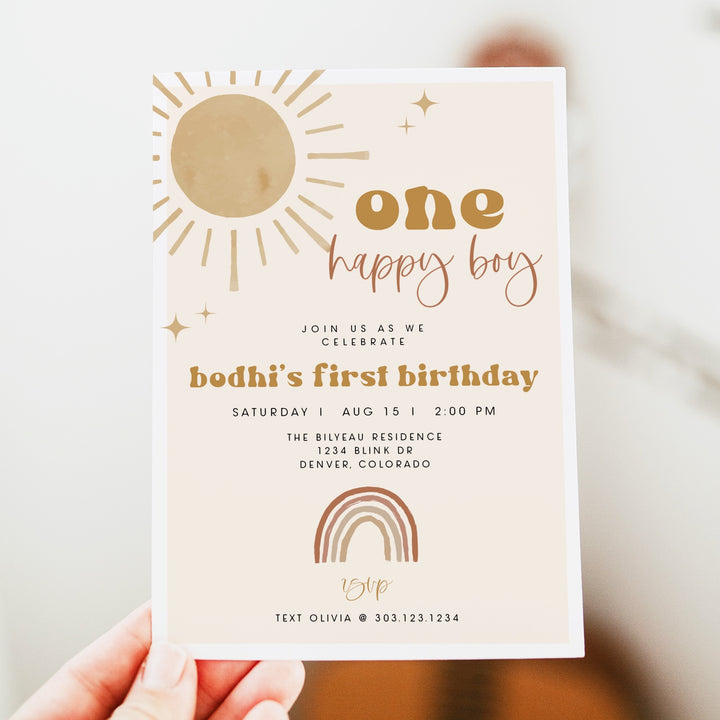 BODHI One Happy Boy Retro Boho Baby Girl First Birthday Party Invitation