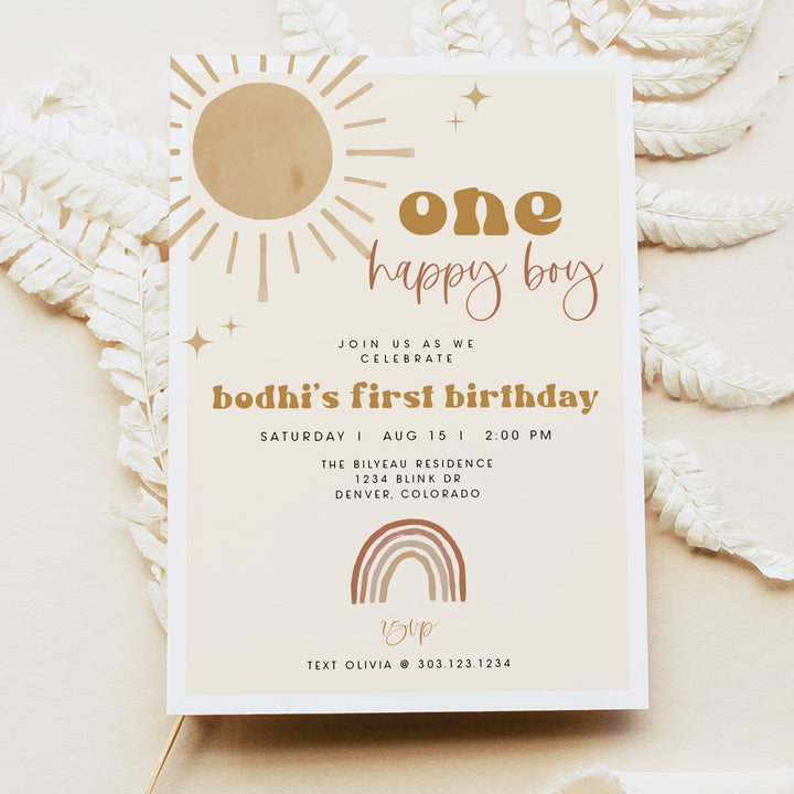 BODHI One Happy Boy Retro Boho Baby Girl First Birthday Party Invitation