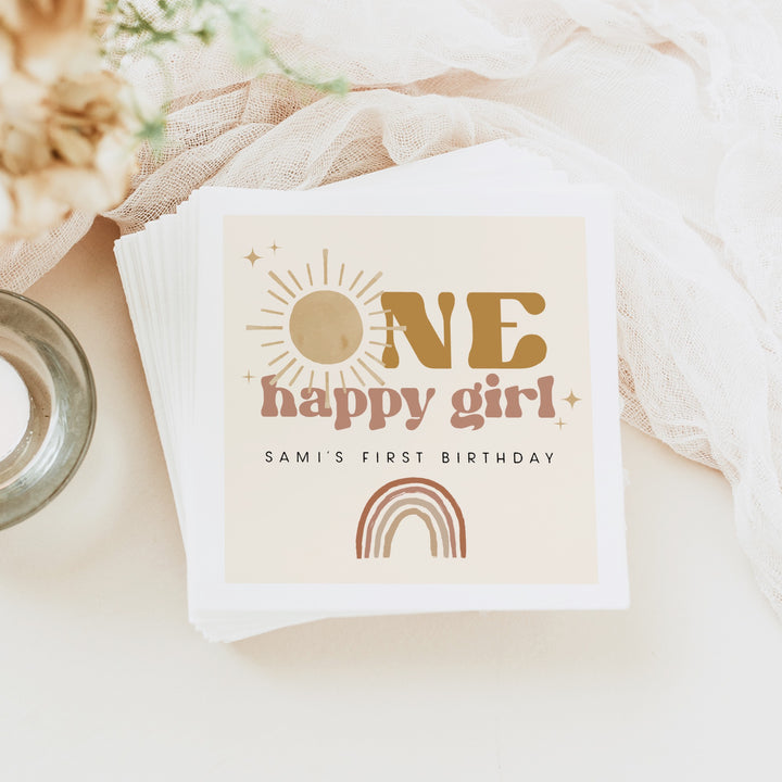 BODHI Personalized One Happy Girl Retro Boho Sunshine First Birthday Party Napkins