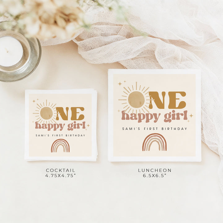 BODHI Personalized One Happy Girl Retro Boho Sunshine First Birthday Party Napkins