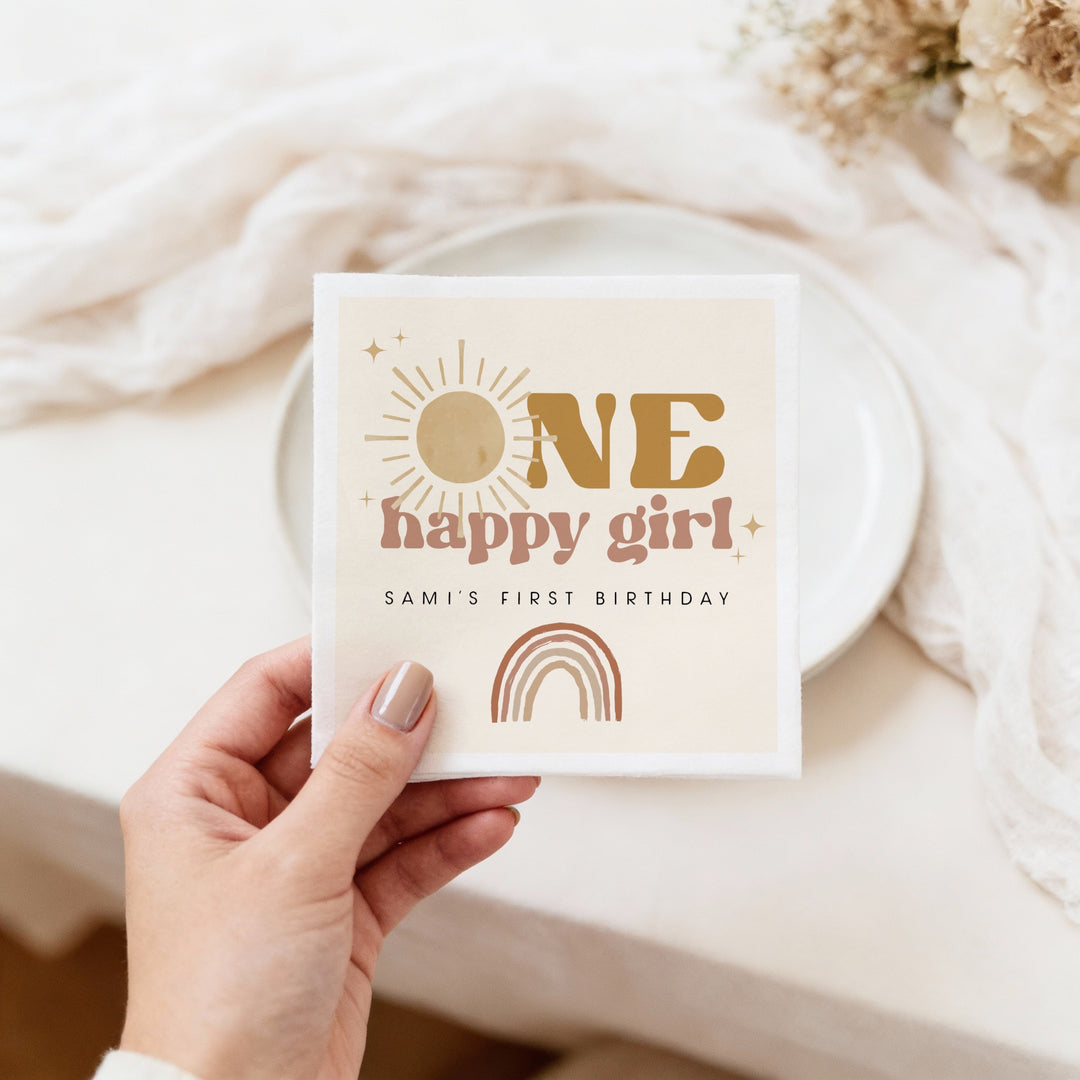 BODHI Personalized One Happy Girl Retro Boho Sunshine First Birthday Party Napkins