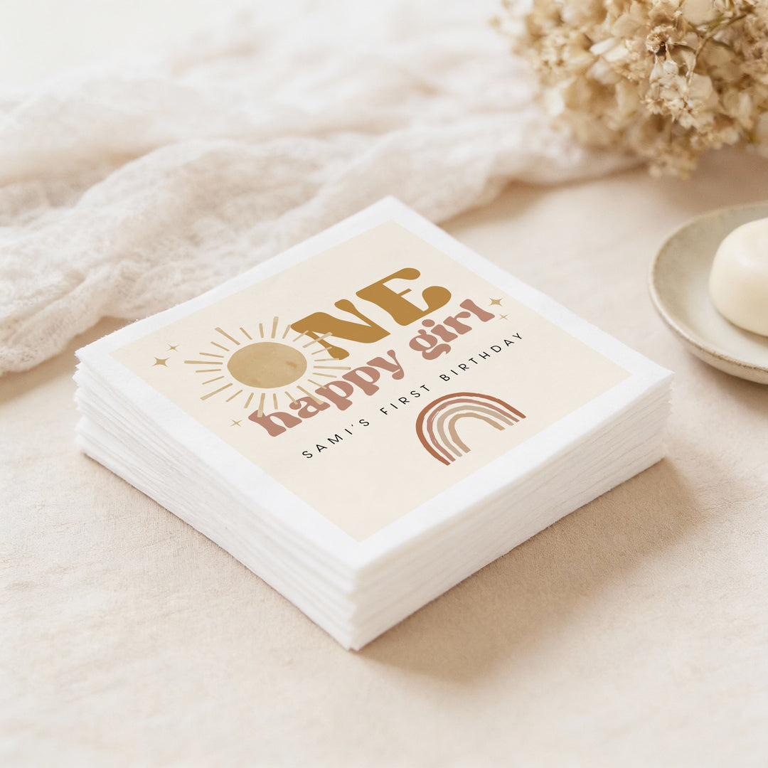 BODHI Personalized One Happy Girl Retro Boho Sunshine First Birthday Party Napkins