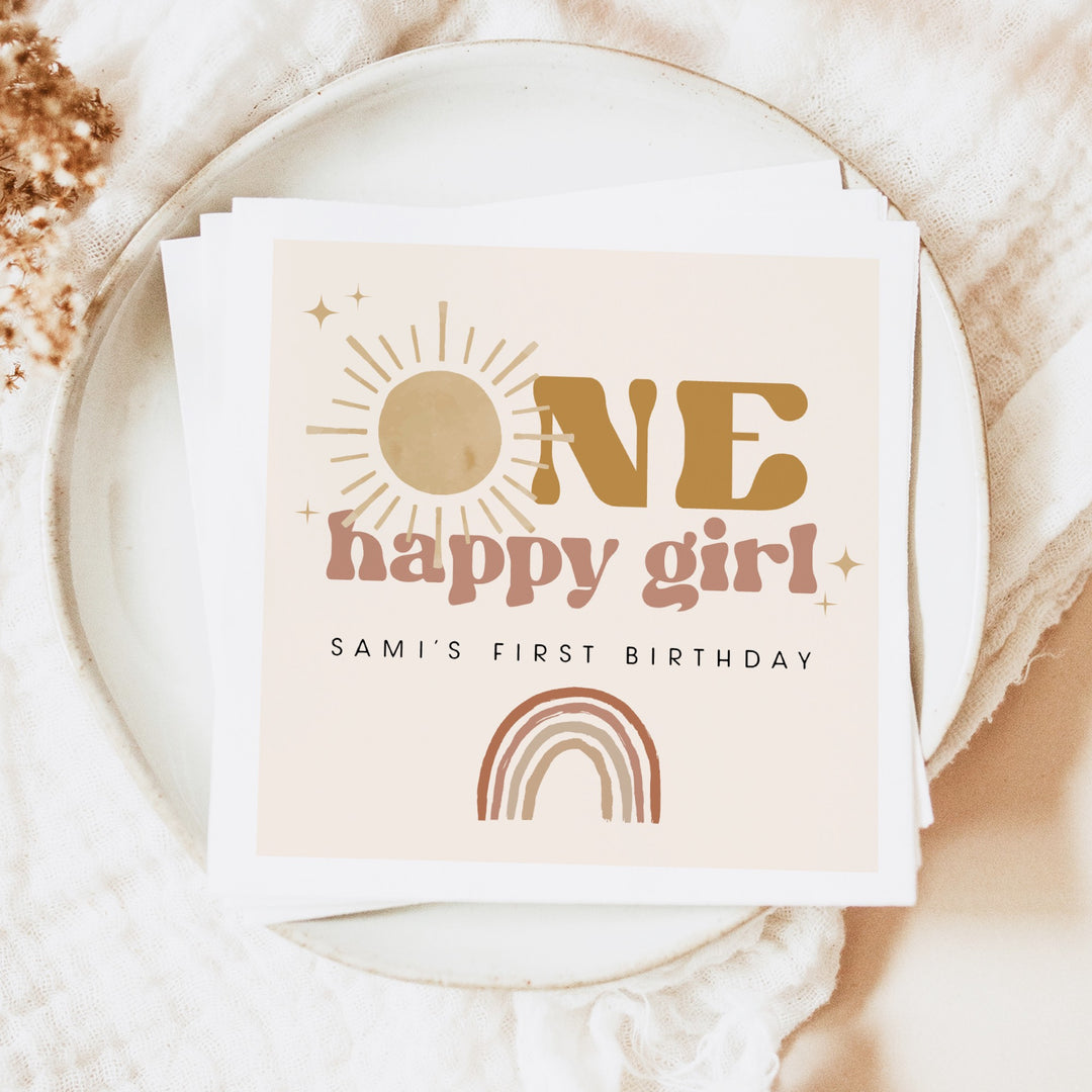 BODHI Personalized One Happy Girl Retro Boho Sunshine First Birthday Party Napkins