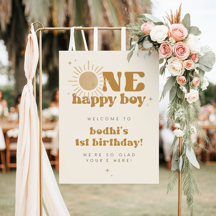 BODHI One Happy Boy Retro Boho Sun First Birthday Welcome Sign