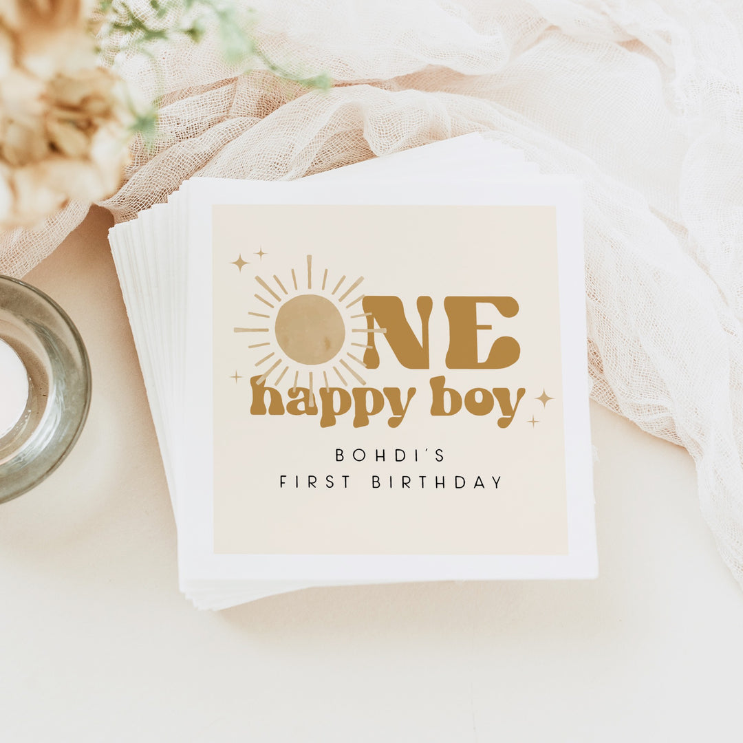 BODHI Personalized One Happy Boy Retro Boho Sunshine First Birthday Party Napkins