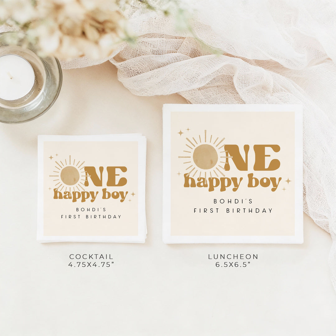 BODHI Personalized One Happy Boy Retro Boho Sunshine First Birthday Party Napkins