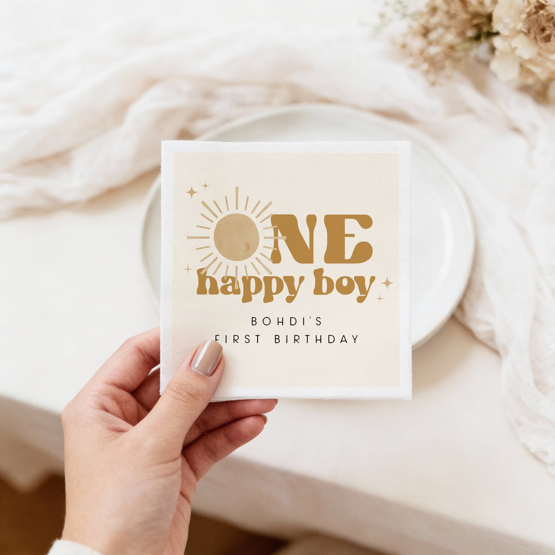 BODHI Personalized One Happy Boy Retro Boho Sunshine First Birthday Party Napkins