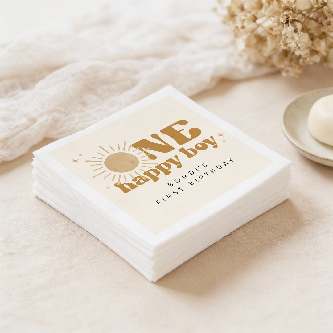 BODHI Personalized One Happy Boy Retro Boho Sunshine First Birthday Party Napkins