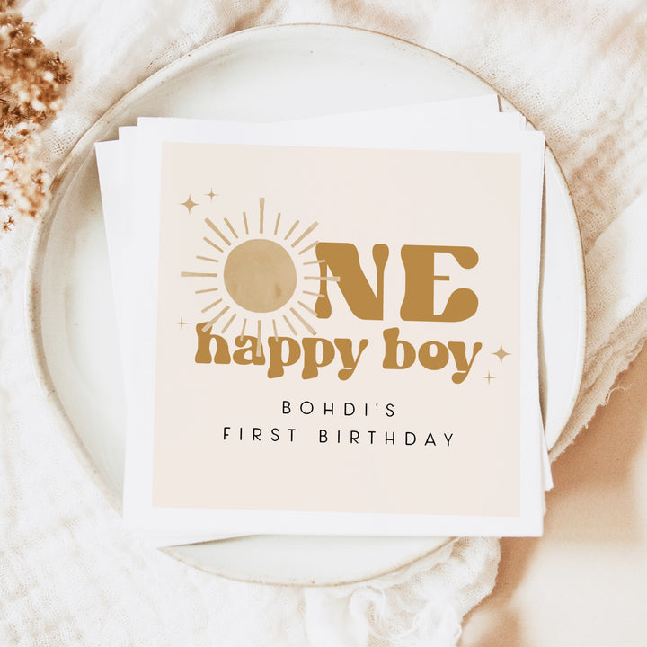 BODHI Personalized One Happy Boy Retro Boho Sunshine First Birthday Party Napkins