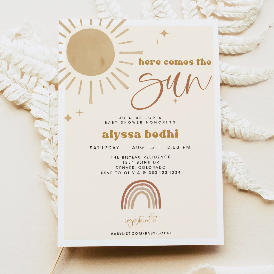BODHI Here Comes the Sun Boho Gender Neutral Baby Shower Invitation