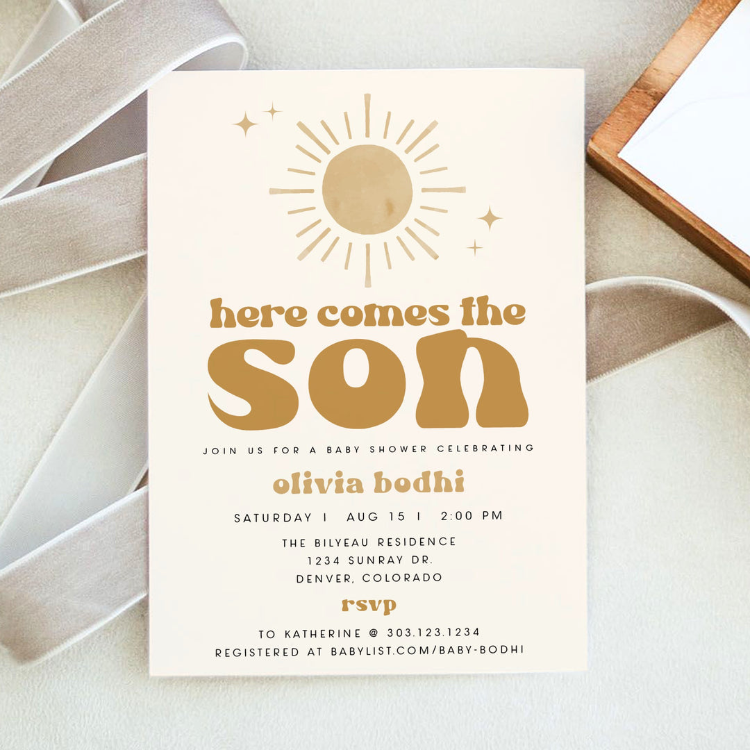 BODHI Here Comes the Son Retro Boho Baby Boy Baby Shower Invitation