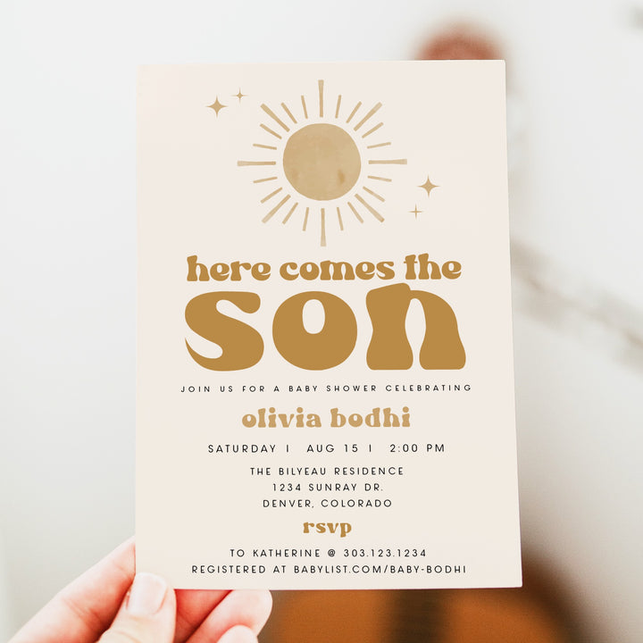 BODHI Here Comes the Son Retro Boho Baby Boy Baby Shower Invitation