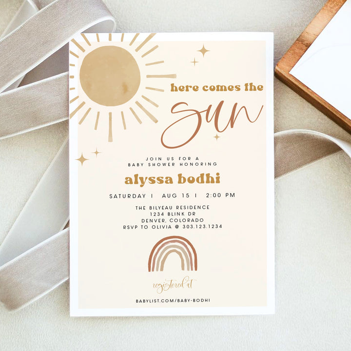 BODHI Here Comes the Sun Boho Gender Neutral Baby Shower Invitation