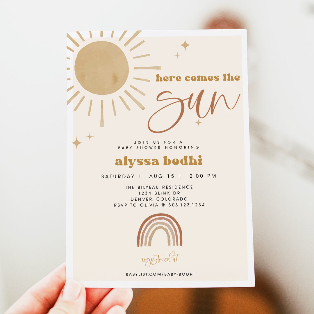 BODHI Here Comes the Sun Boho Gender Neutral Baby Shower Invitation