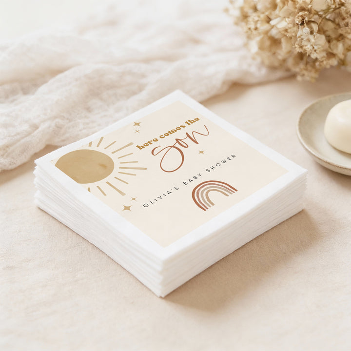 BODHI Personalized Here Comes the Son Boho Sunshine Baby Shower Napkins