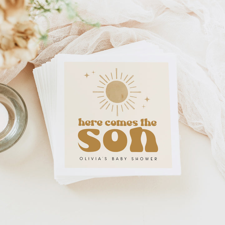 BODHI Personalized Here Comes the Son Retro Boho Sunshine Baby Shower Napkins