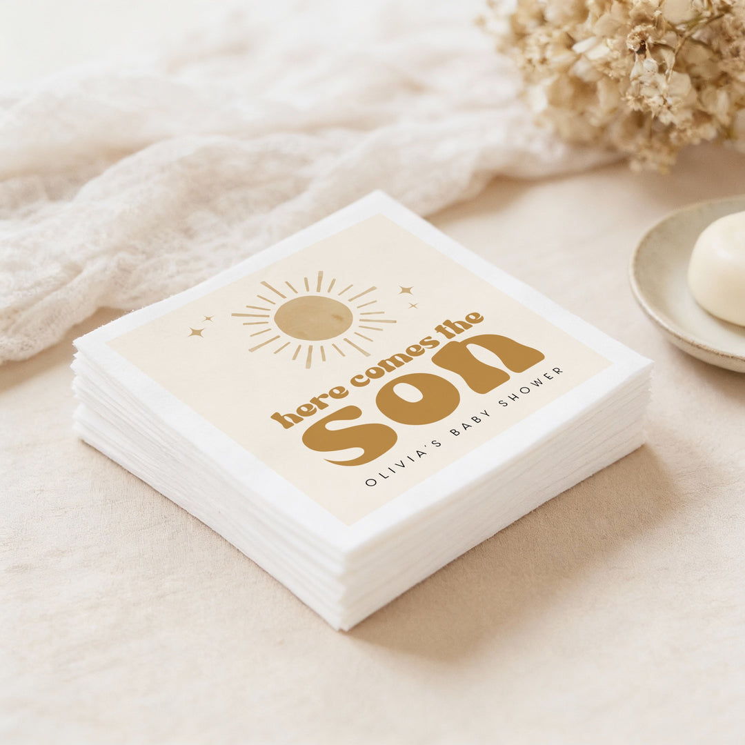 BODHI Personalized Here Comes the Son Retro Boho Sunshine Baby Shower Napkins