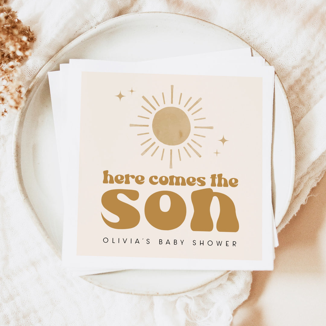 BODHI Personalized Here Comes the Son Retro Boho Sunshine Baby Shower Napkins
