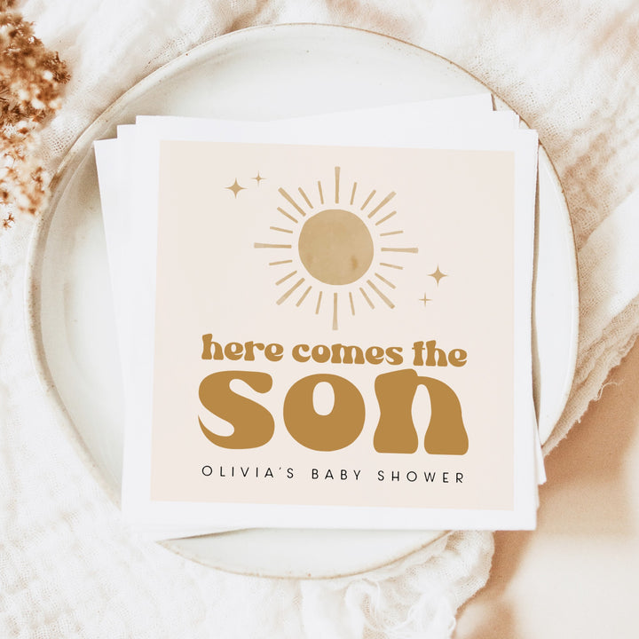 BODHI Personalized Here Comes the Son Retro Boho Sunshine Baby Shower Napkins