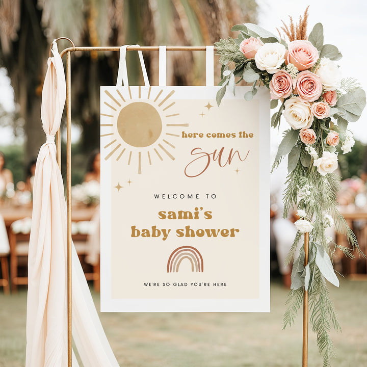 BODHI Here Comes the Sun Boho Sun & Rainbow Baby Shower Welcome Sign