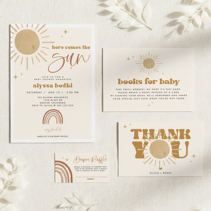 BODHI Here Comes the Sun Boho Sun Baby Shower Invitation Suite