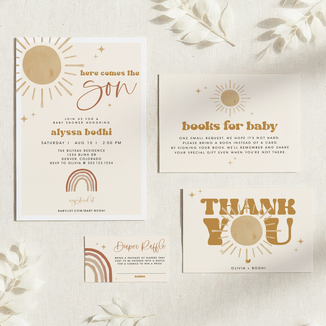 BODHI Here Comes the Son Boho Sun Baby Shower Invitation Suite