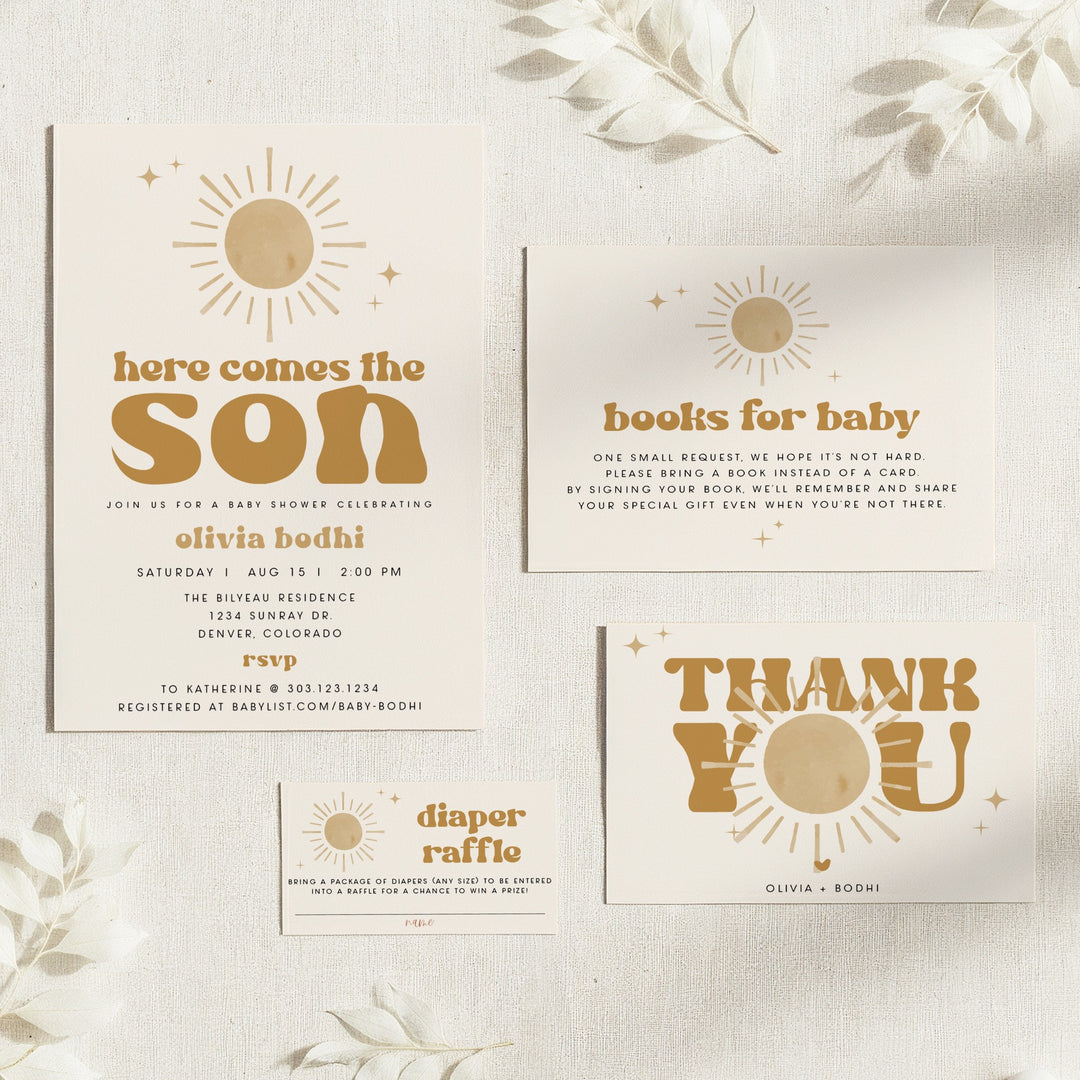 BODHI Here Comes the Son Retro Boho Baby Shower Invitation Suite