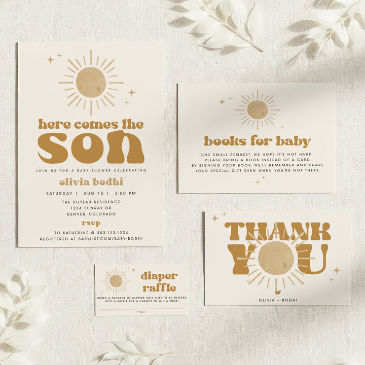 BODHI Here Comes the Son Retro Boho Baby Shower Invitation Suite