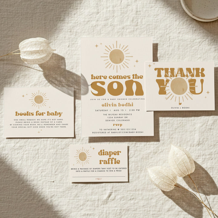 BODHI Here Comes the Son Retro Boho Baby Shower Invitation Suite