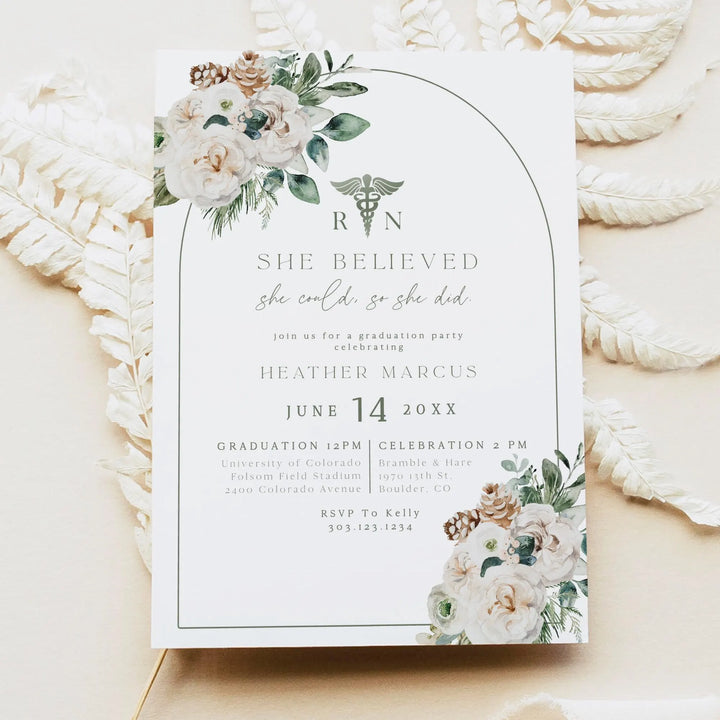 Winter Pine & Greenery Nursing Graduation Party Invitatio BOHEME