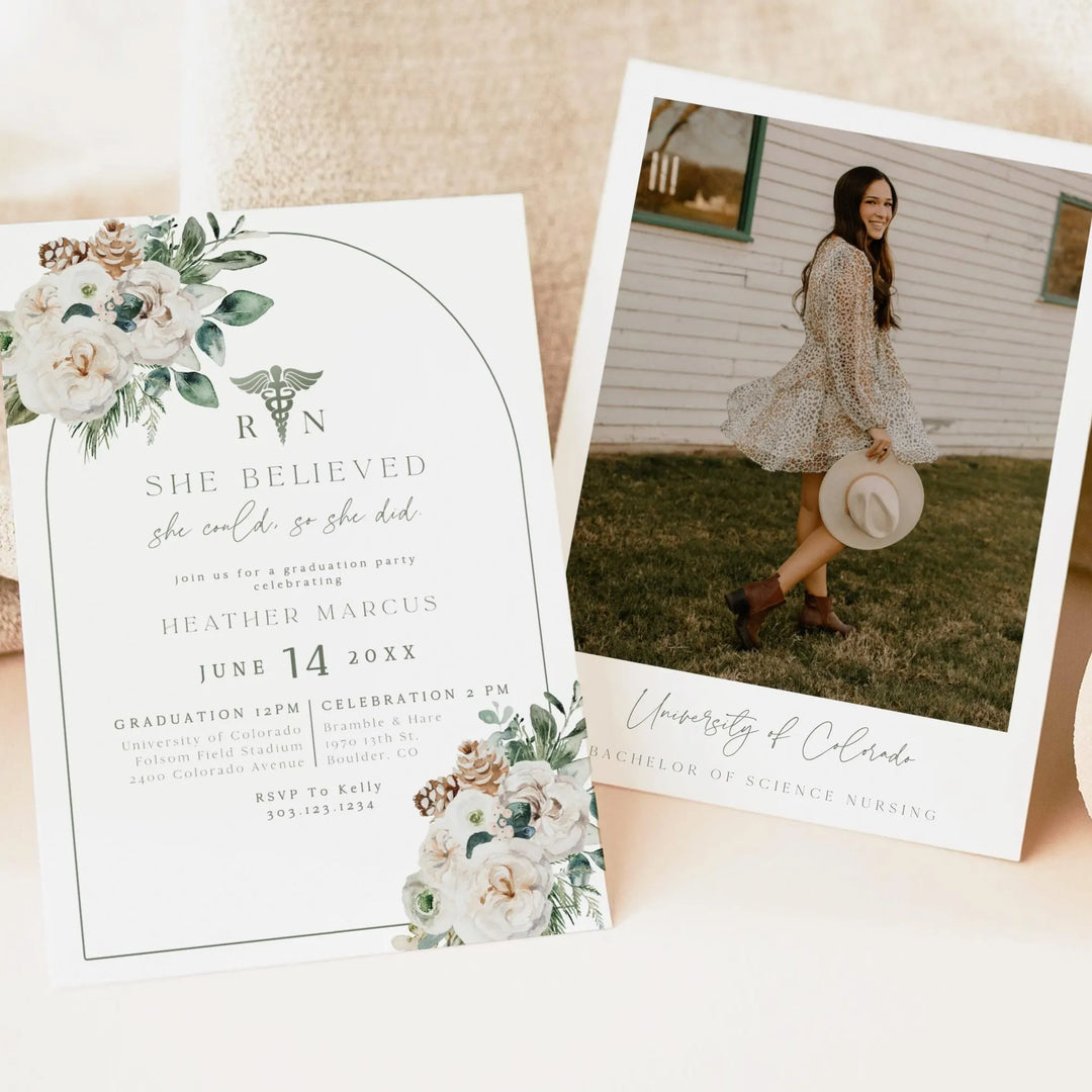 Winter Pine & Greenery Nursing Graduation Party Invitatio BOHEME
