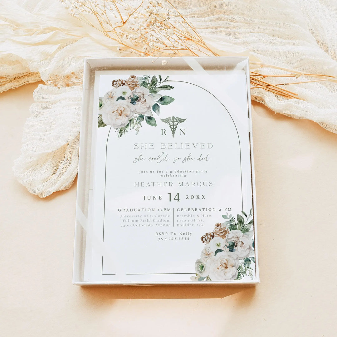 Winter Pine & Greenery Nursing Graduation Party Invitatio BOHEME