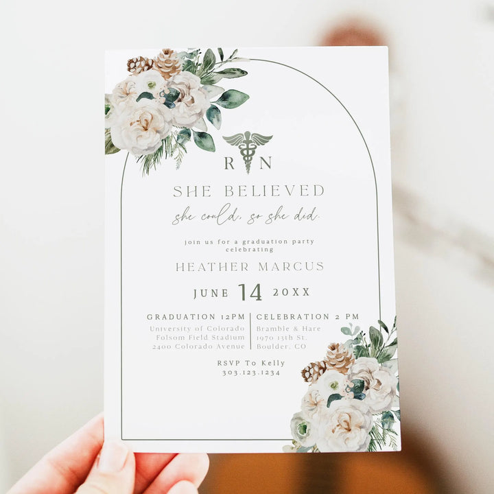 Winter Pine & Greenery Nursing Graduation Party Invitatio BOHEME