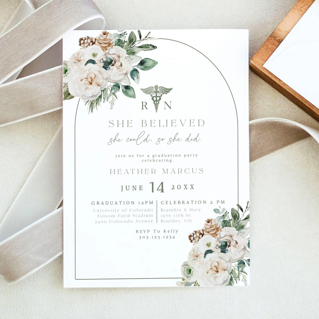 Winter Pine & Greenery Nursing Graduation Party Invitatio BOHEME