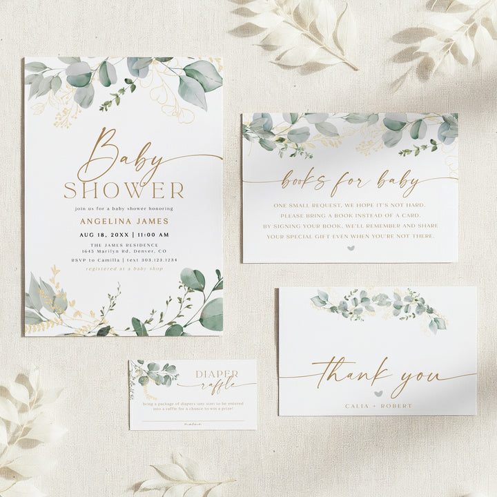 CALIA Sweet Greenery & Gold Elegant Baby Shower Invitation Set