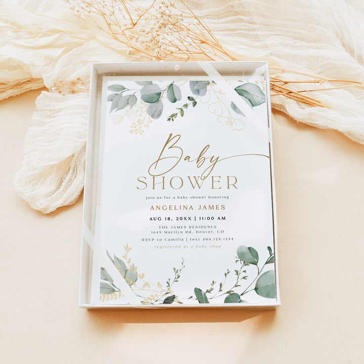 CALIA Sweet Greenery & Gold Elegant Baby Shower Invitation Set