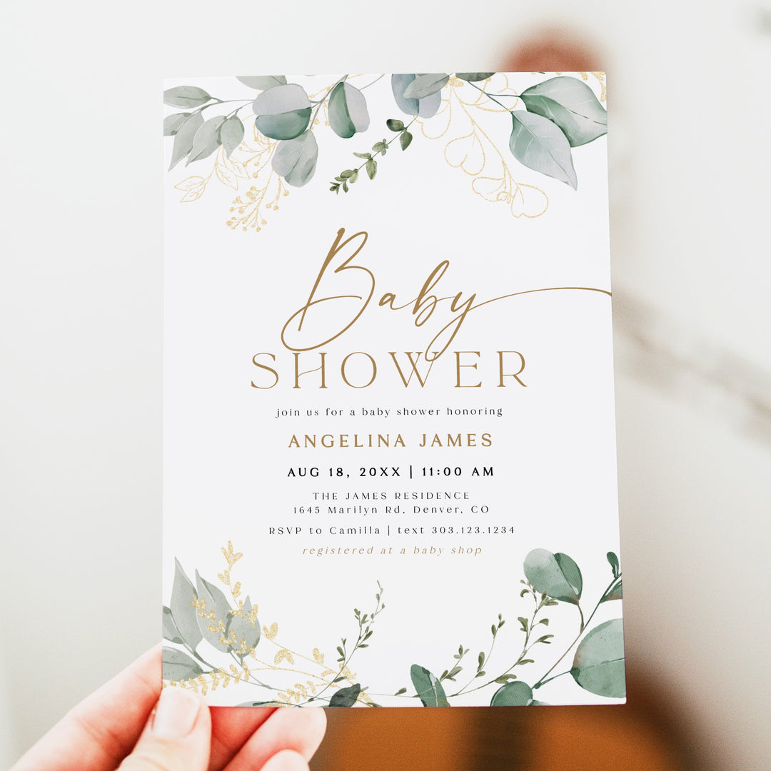 CALIA Sweet Greenery & Gold Elegant Baby Shower Invitation Set