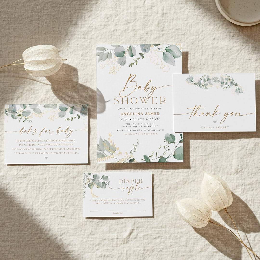CALIA Sweet Greenery & Gold Elegant Baby Shower Invitation Set