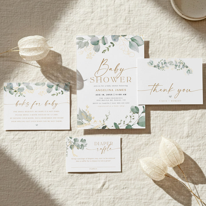 CALIA Sweet Greenery & Gold Elegant Baby Shower Invitation Set