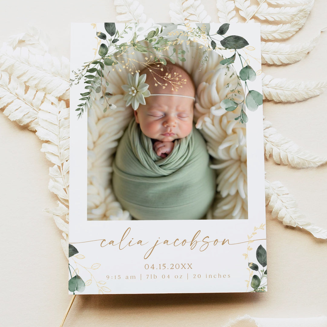 CALIA Elegant Eucalyptus & Gold Gender Neutral Newborn Birth Announcement Card