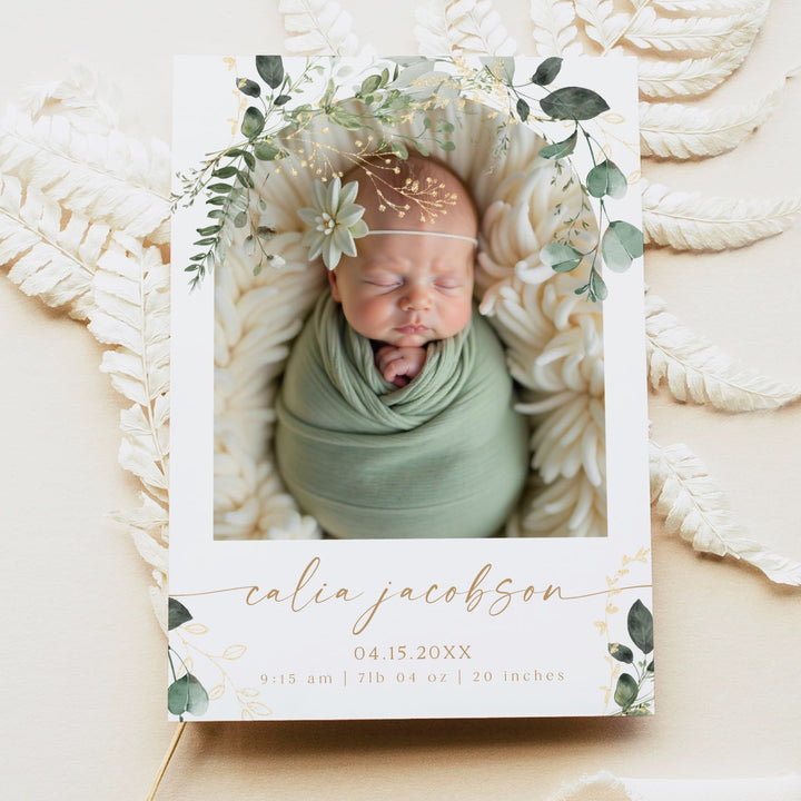 CALIA Elegant Eucalyptus & Gold Gender Neutral Newborn Birth Announcement Card